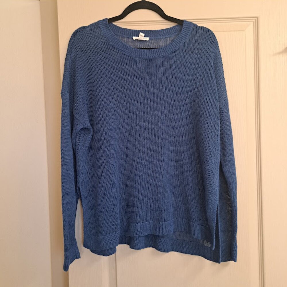Eileen Fisher Medium Steel Blue Linen Boat Neck Pullover Sweater Open Weave Crew
